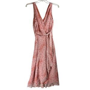 Redux 100% Silk Dress Size 8 Coral Abstract Print Wrap Midi Dress Lined